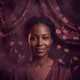 Close-up portrait of a woman in her late 20s smiling gently, with soft plum and rose lighting around her, conveying relief.