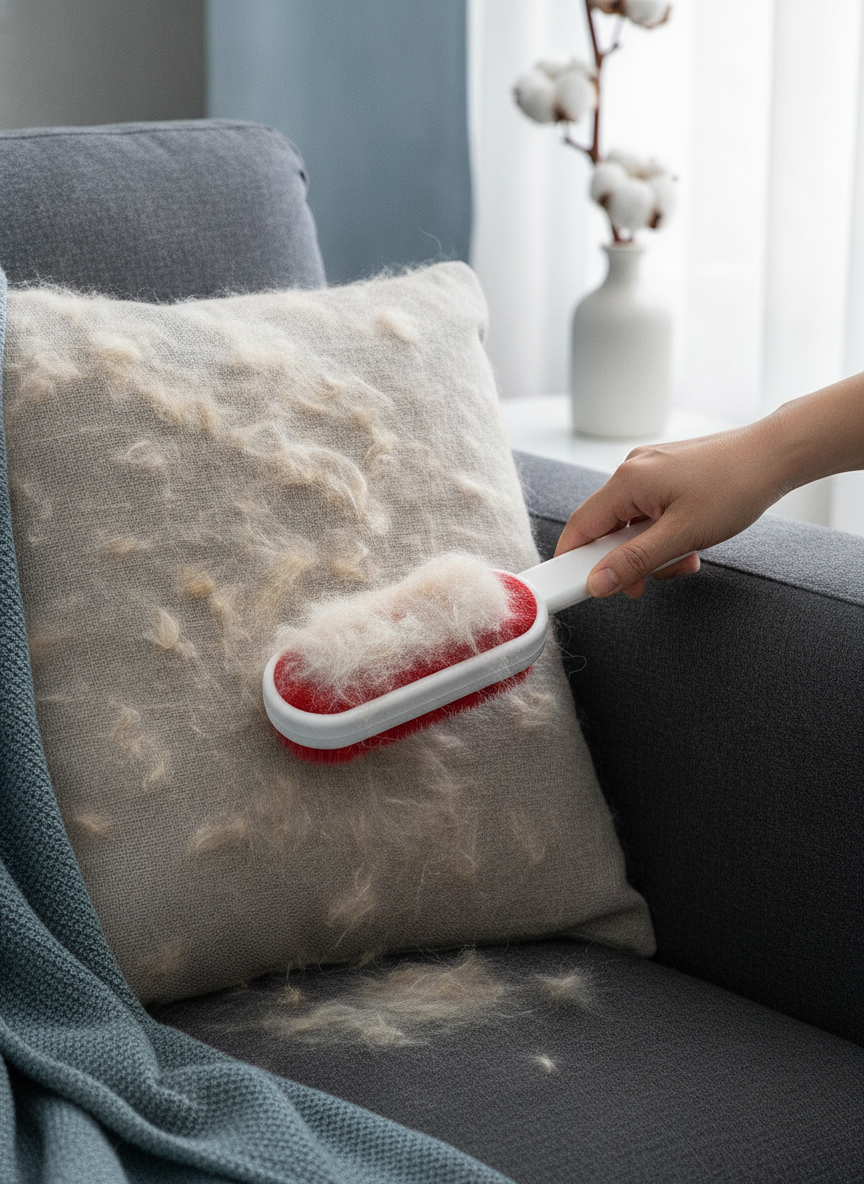 A double-sided pet hair remover is shown on a slate blue couch cushion, actively collecting light-colored fur from the charco